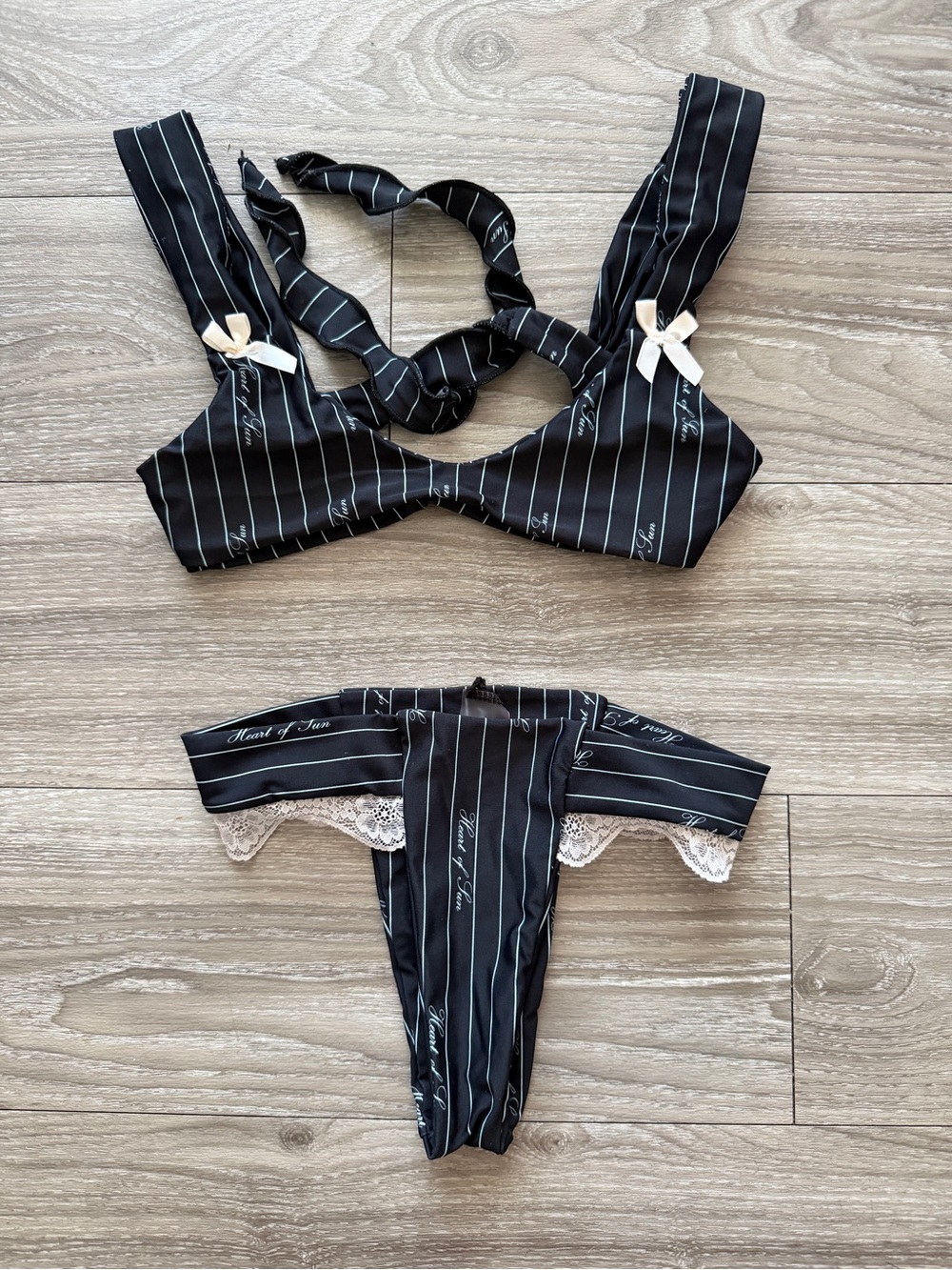 Heart of Sun Black Pinstripe Lace-Trim Bikini Set - Women Swim
